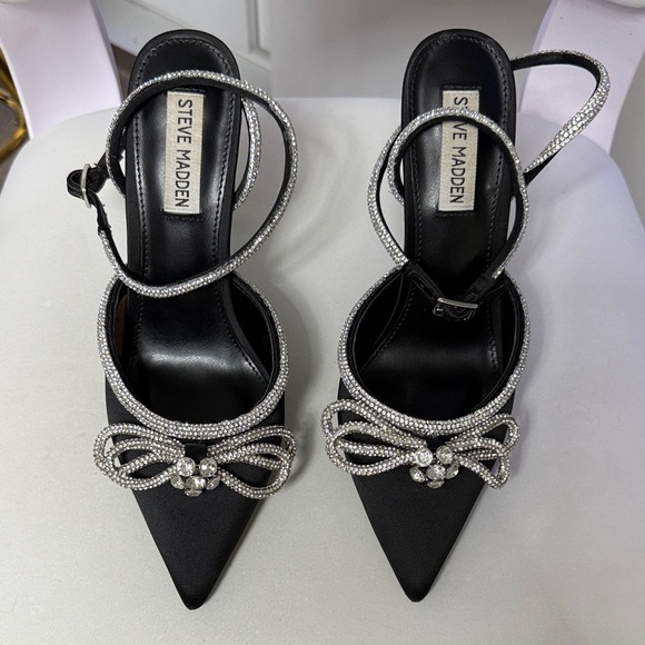 Steve Madden Shoes - Steve Madden Black Satin Pointed Toe Crystal Bow Heels with Rhinestone Straps